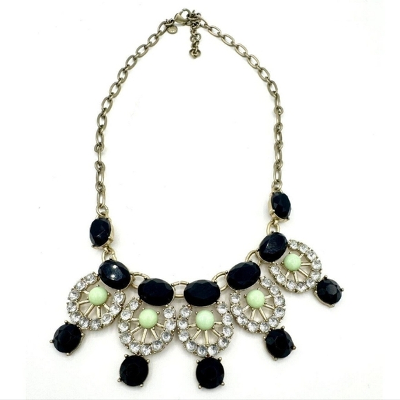 J CREW Crystal Navy Blue Green Stone Antique Gold Rhinestone Statement Necklace - Picture 2 of 4